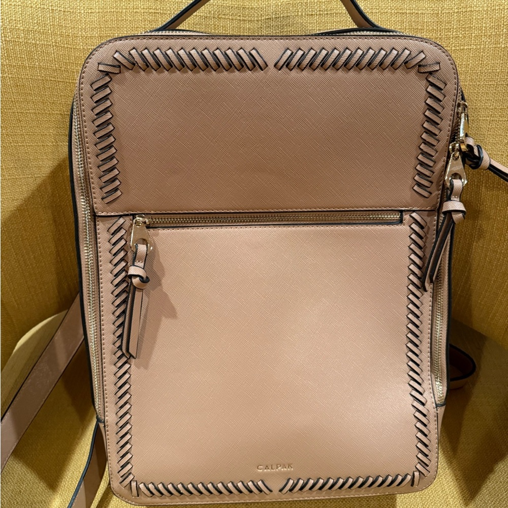 Calpak Blush Tan Leather Crossbody Backpack with Whipstitch Trim